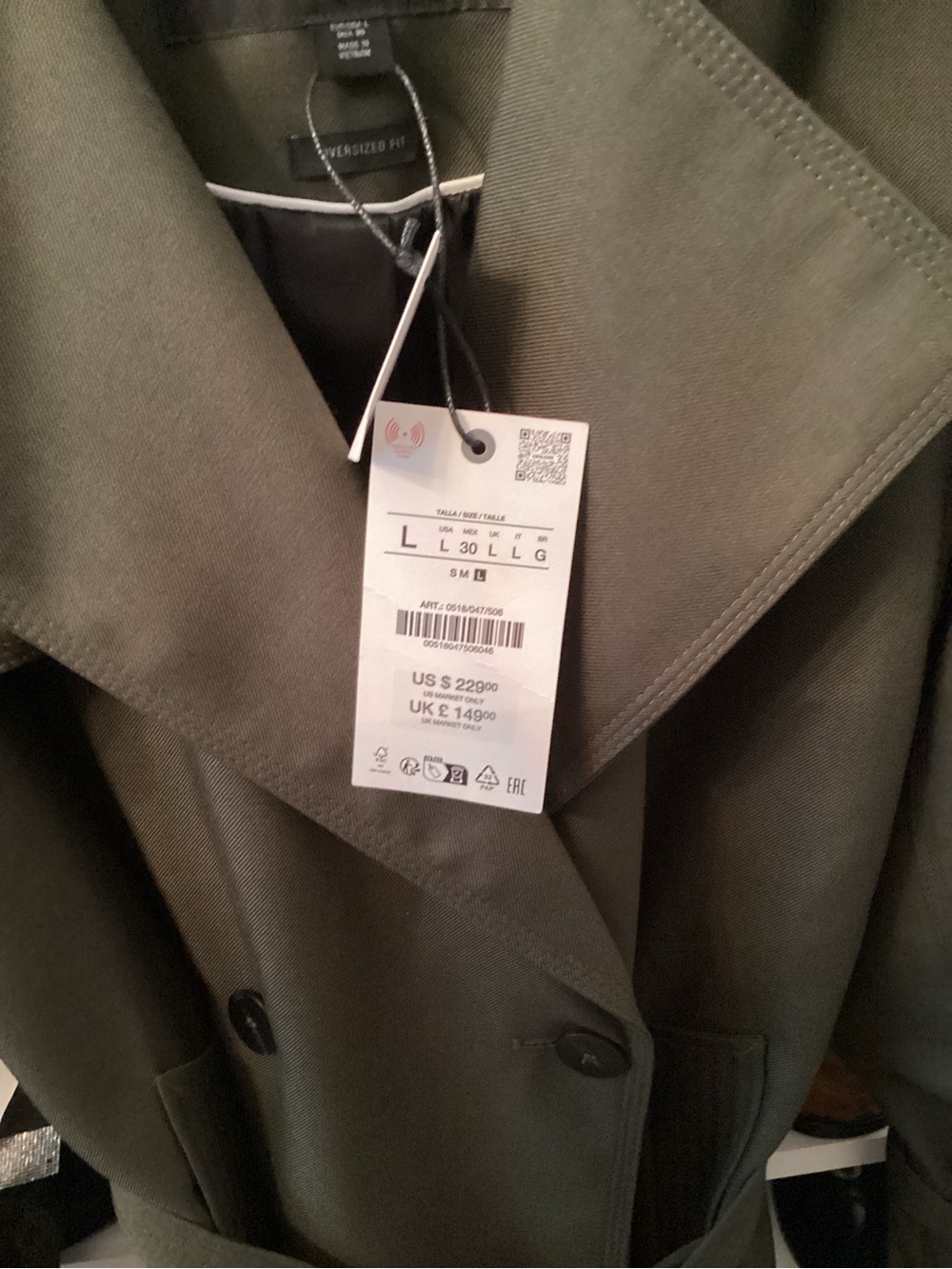 Zara Olive Trench Coat - Women's Oversized Long Coat - Picture 13 of 14
